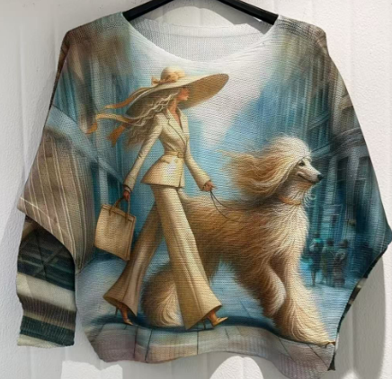 Fancy Lady with Dog Round Neck, Knit Printed, Italian Sweater