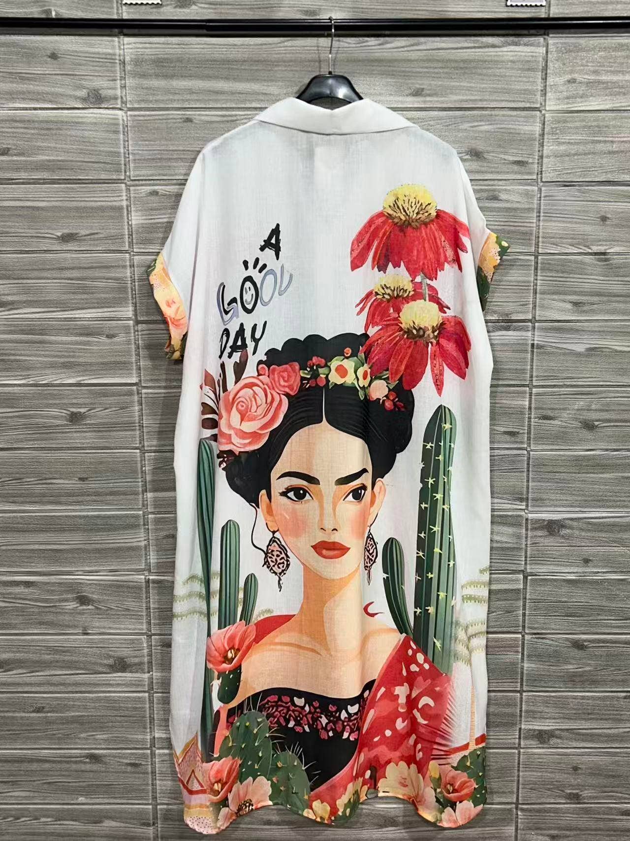 Tropical Paradise meets Frida- Italian Long Printed Shirt-Dress