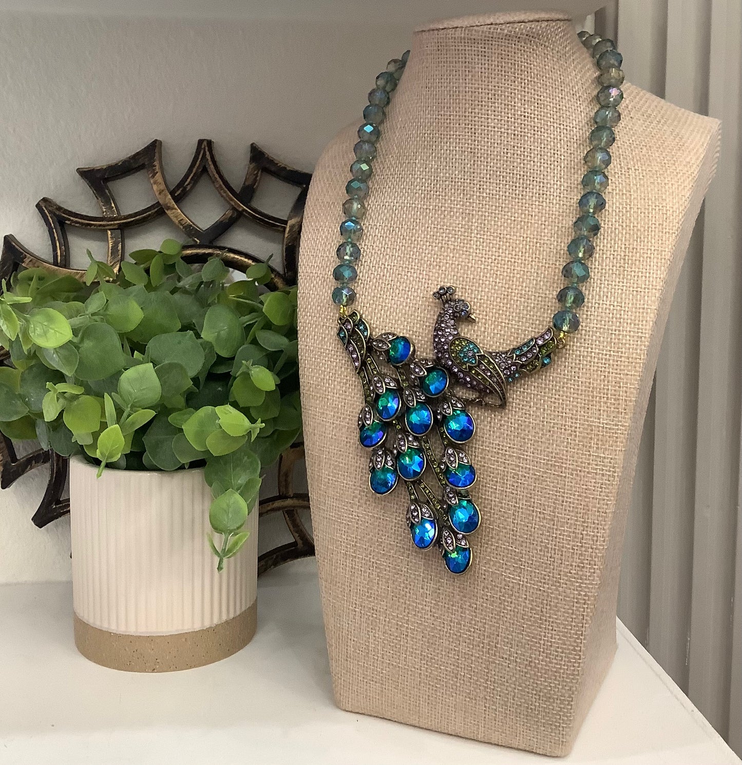 Elegant Peacock Statement Necklace (18” long + 2” extender)