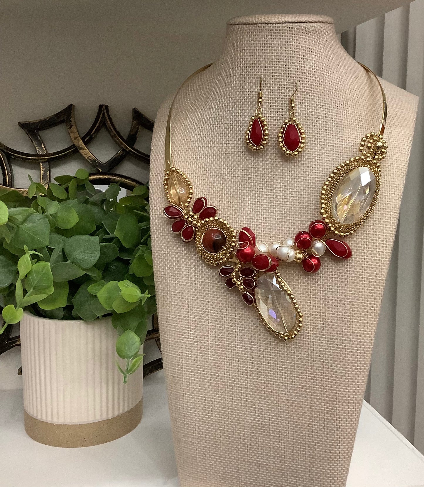Artisan Red Crystal Beaded Bib Necklace Set w/ Matching Earrings (18’ + 2’ extender)