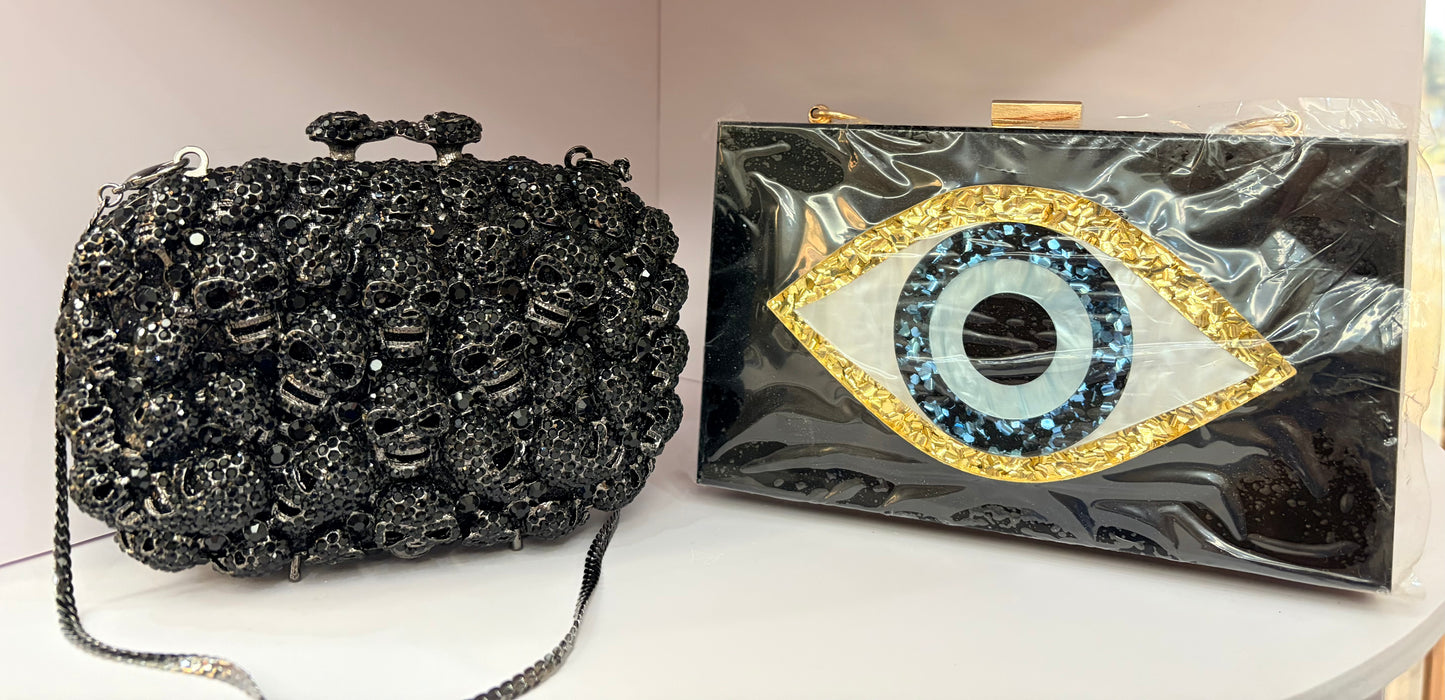 Black Skulls Edgy Elegance Jewel-Tone Hard Clutch/Handbag