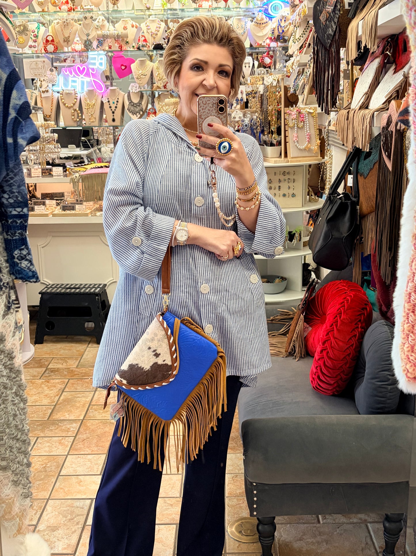Western “Boho” Envelope Shape Clutch/Handbag (metallic blue)