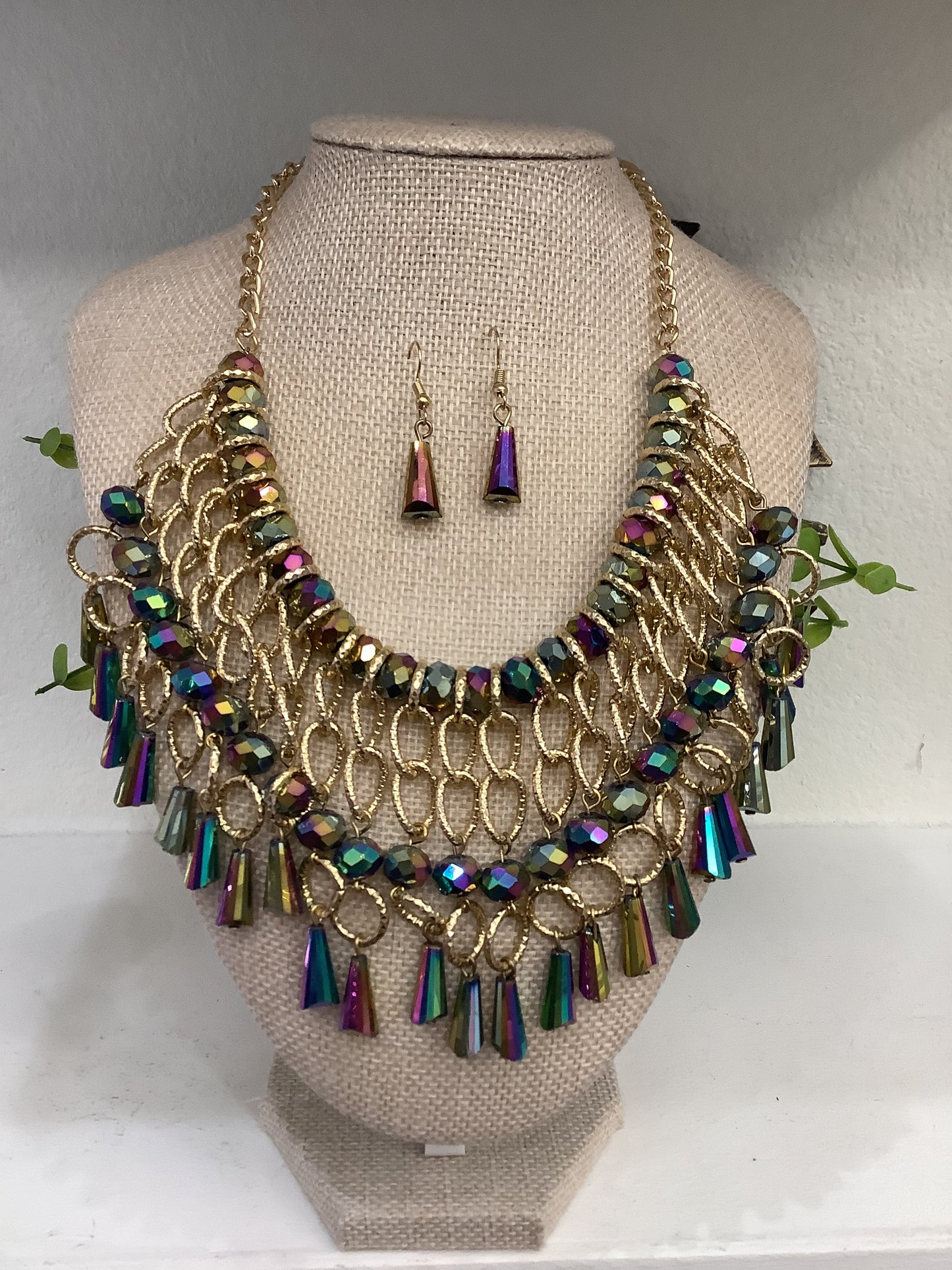Artisan Multi-Colored Crystal Beaded Bib Necklace Set w/ Matching Earrings (18” long + 2”extender)