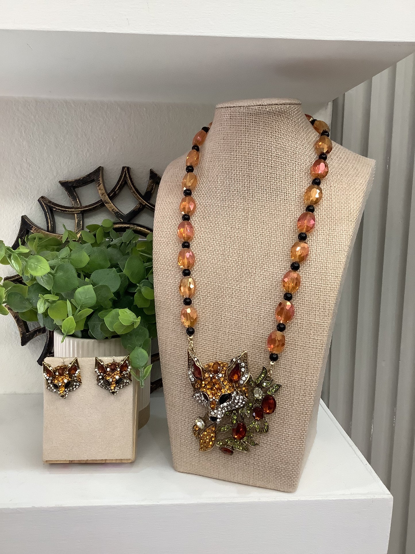 Foxy Amber Statement Necklace Set with Matching Earrings (18” long + 2” extender)