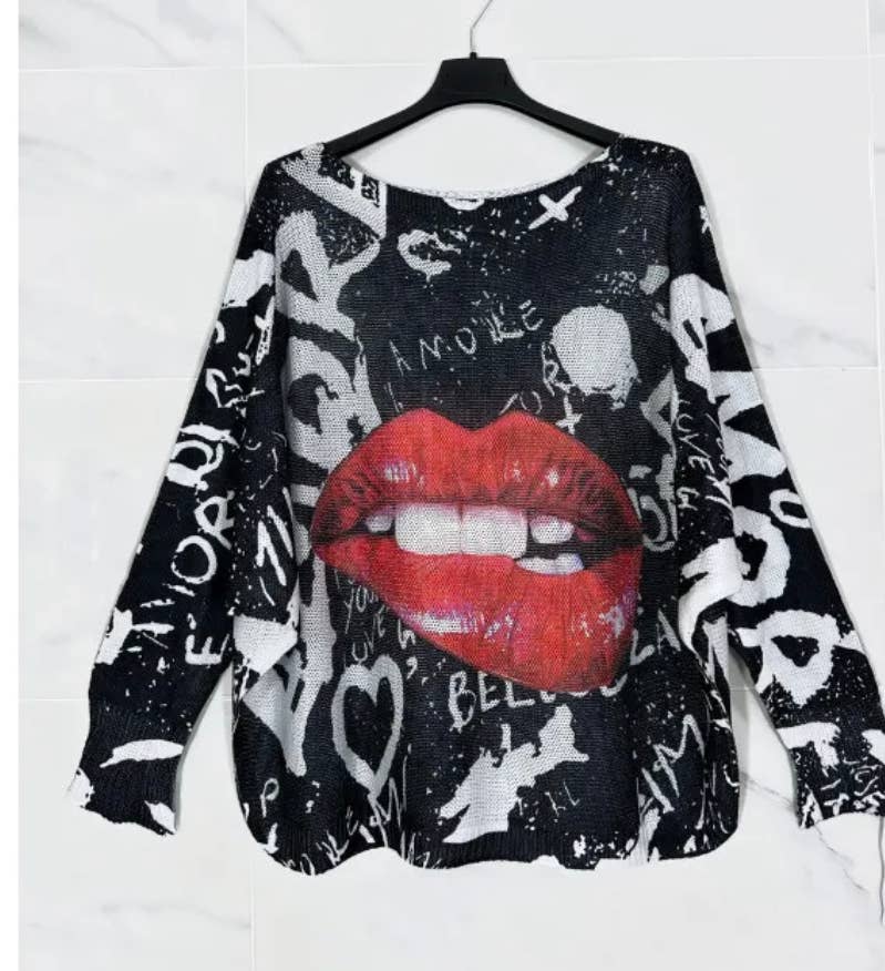 Red Lips, Round Neck, Printed Knit, Italian Sweater