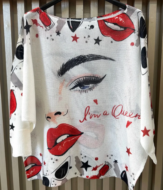 White Face Queen, Round Neck, Knit Printed Italian Sweater
