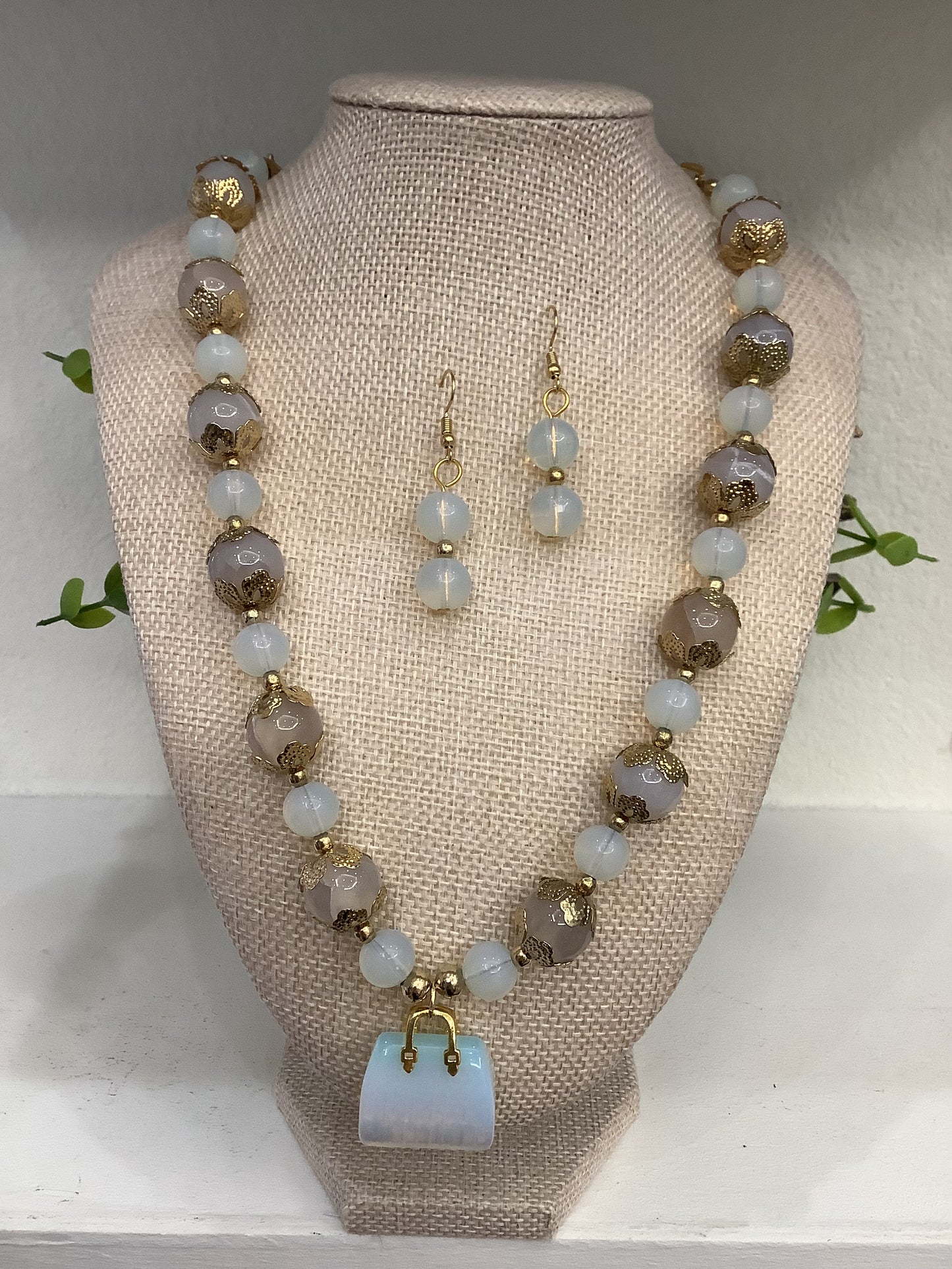 Agate Gemstones Handmade Artisan  Necklace Set w/ Matching Earrings (18” long + 2”extender)