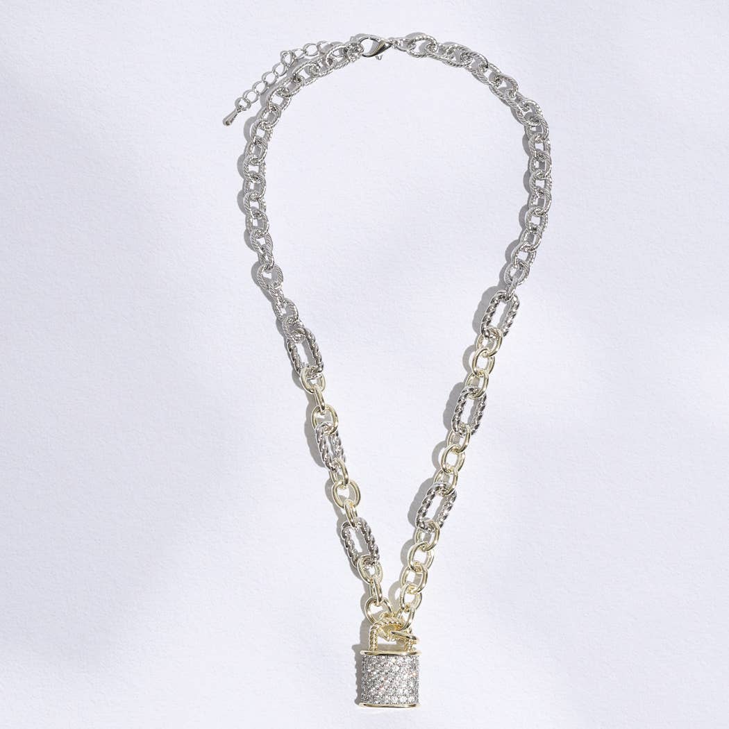 Linked Solid and Twisted Chain Necklace with Lock pendant