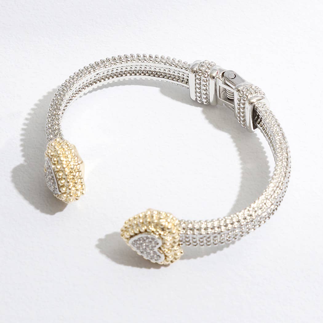 Stylish Textured Cuff/Bangle Two Tone Pave Heart Edge Bracelet