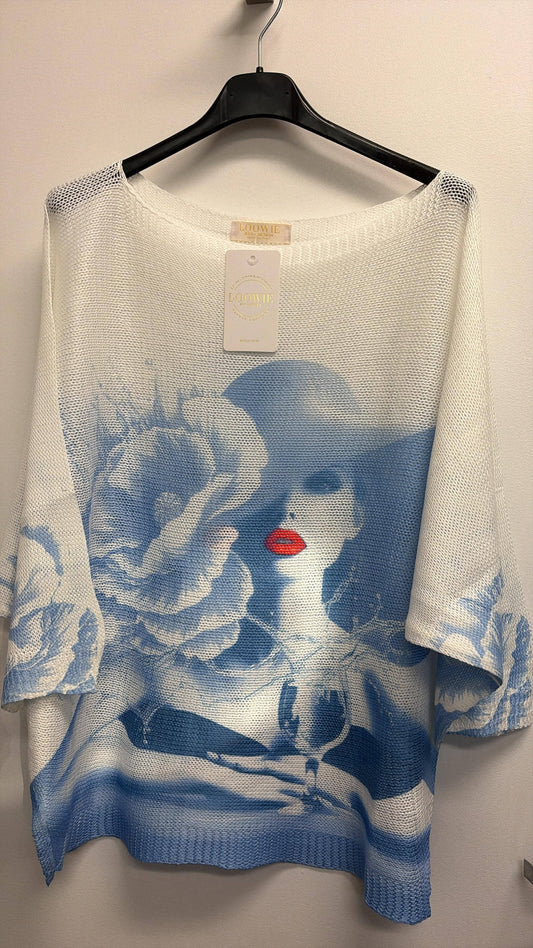 Blue Bellissima Lady Printed Knit, Italian Top