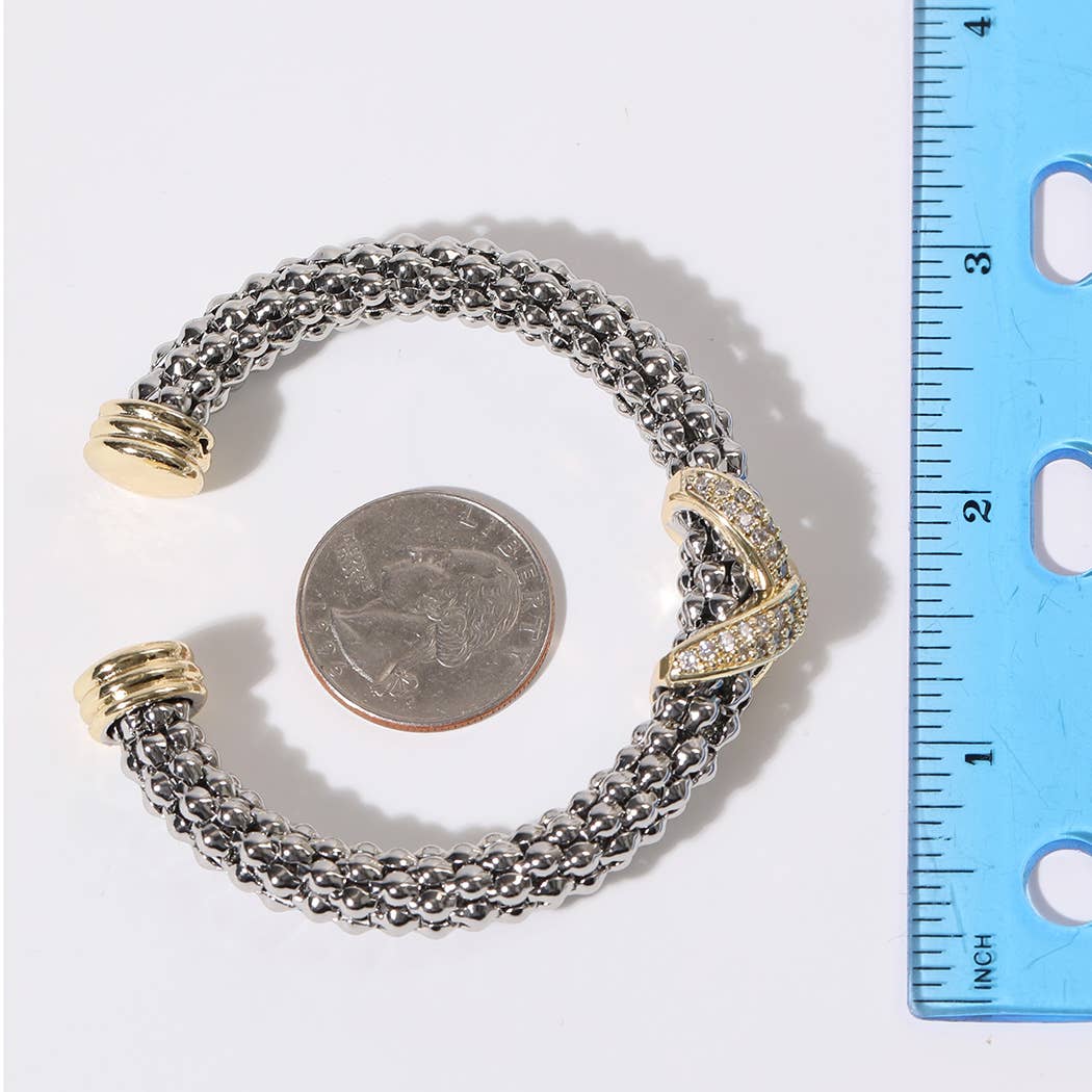 Two-tone Cross Bar Textured Cuff/Bangle Bracelet