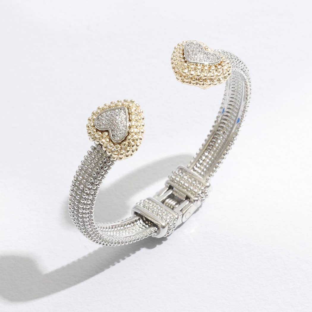 Stylish Textured Cuff/Bangle Two Tone Pave Heart Edge Bracelet