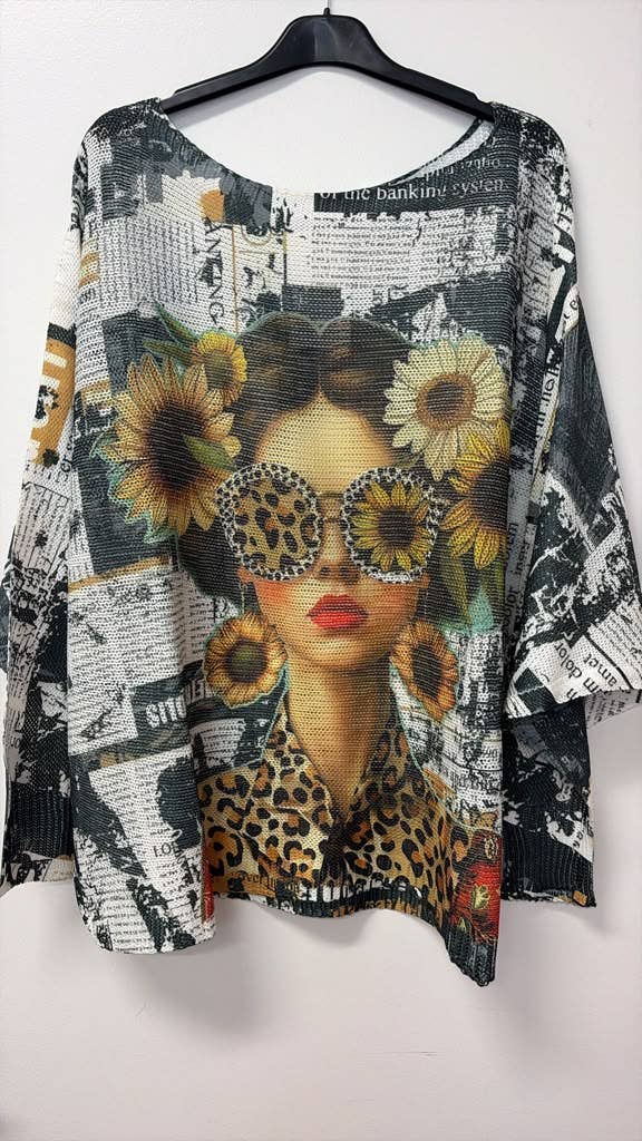 Sunflower Girl, Round Neck, Knit Printed, Italian Top