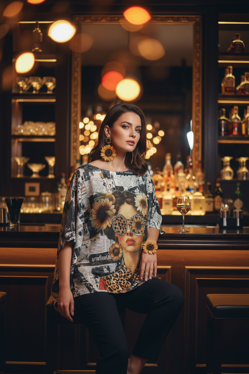 Sunflower Girl, Round Neck, Knit Printed, Italian Top