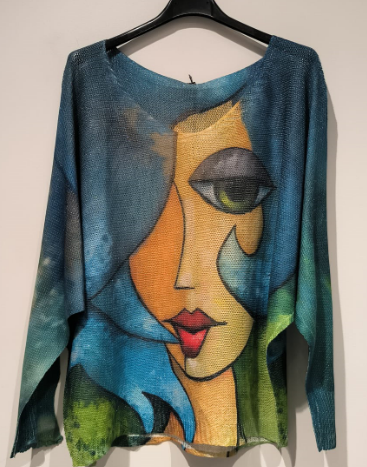 Blue " Picasso" Lady V-Neck, Knit Printed, Italian Top