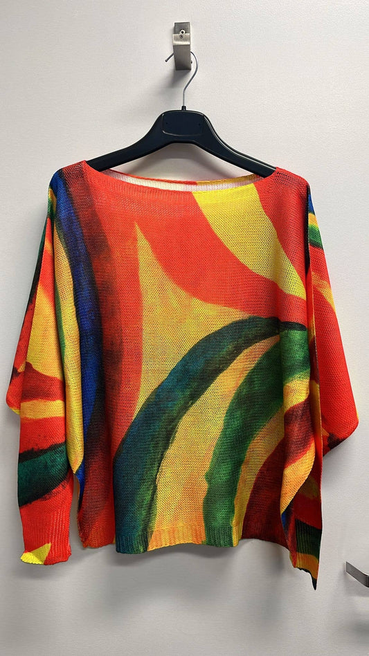 Wavy Style Round Neck, Knit Printed, Italian Top