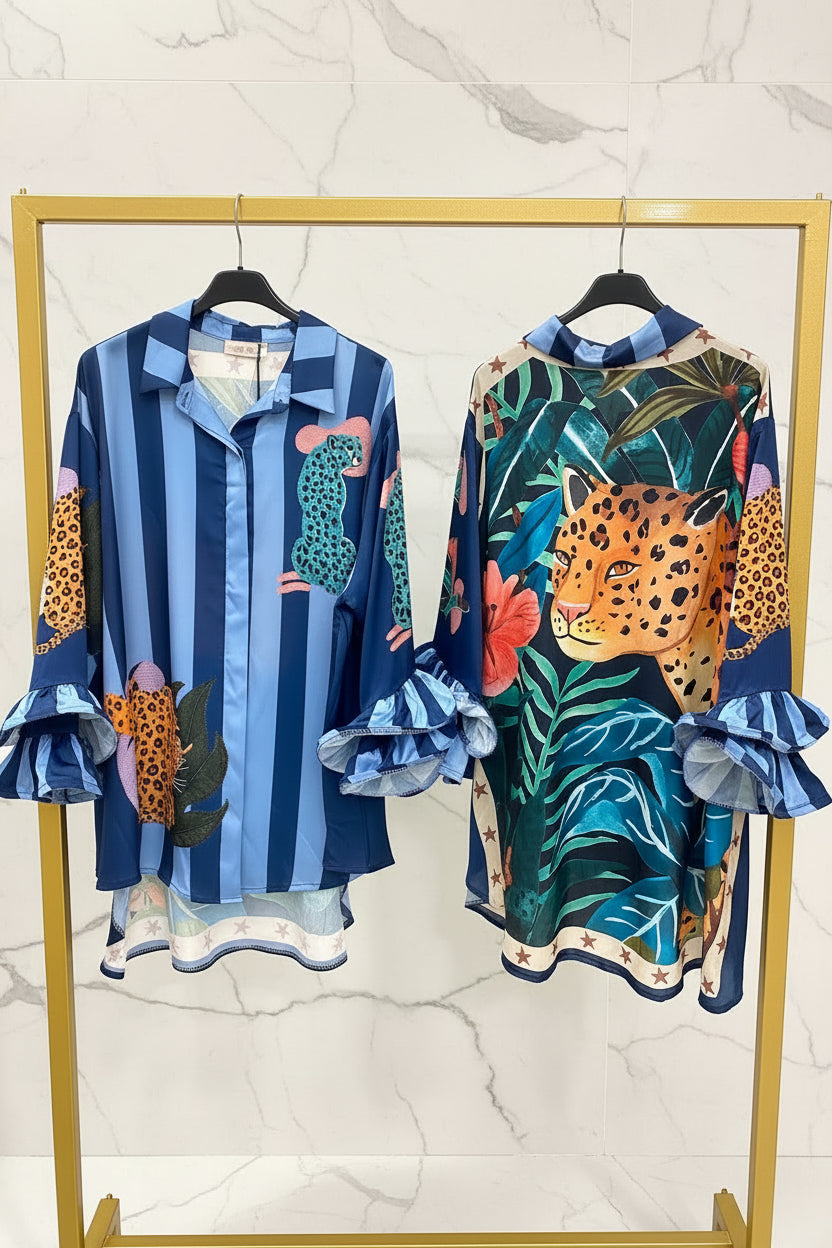 Cheetah in the Jungle blouse with Stripes Navy and Light Blue