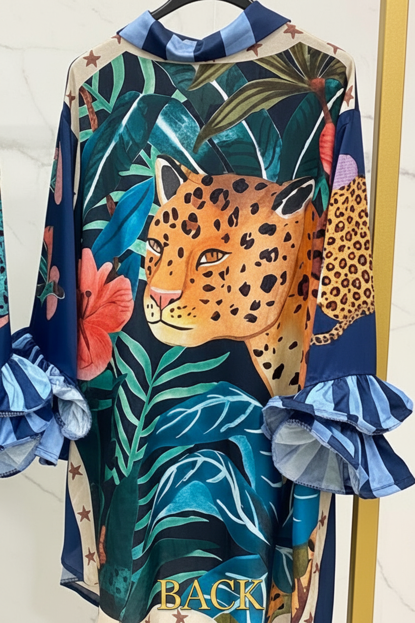 Cheetah in the Jungle blouse with Stripes Navy and Light Blue