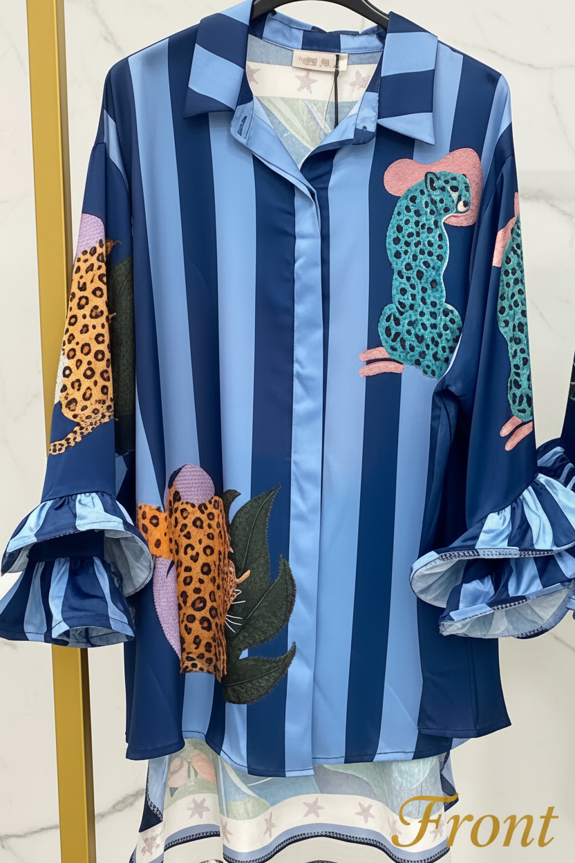 Cheetah in the Jungle blouse with Stripes Navy and Light Blue