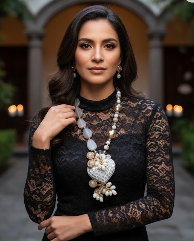 Ornate Handmade Artisan Mosaic Heart and Gemstones Necklace Set w/ Matching Earrings (18” long + 2”extender)