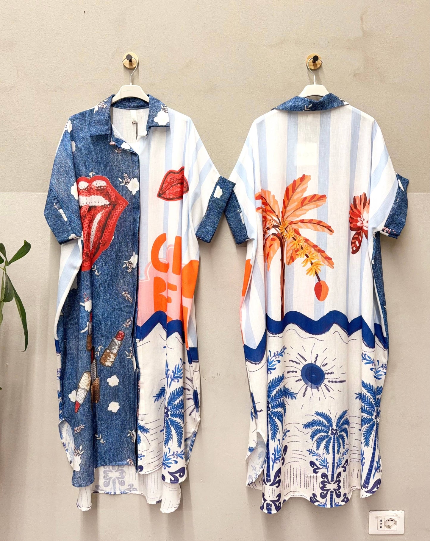 “Ciao Bella” Denim print meets The Rolling Stones- Italian Long Printed Shirt-Dress