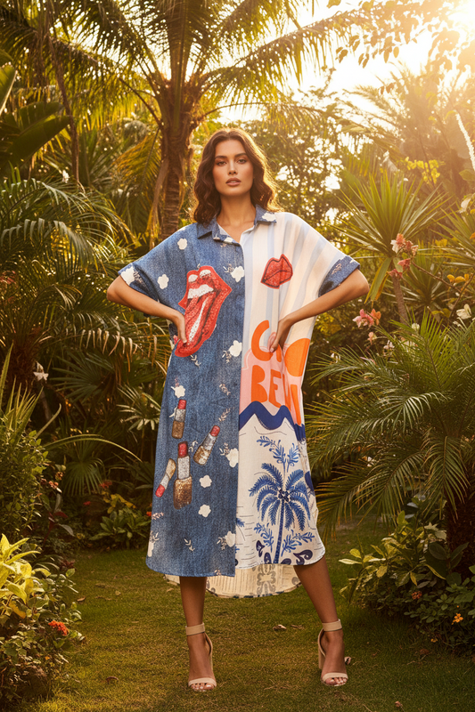“Ciao Bella” Denim print meets The Rolling Stones- Italian Long Printed Shirt-Dress