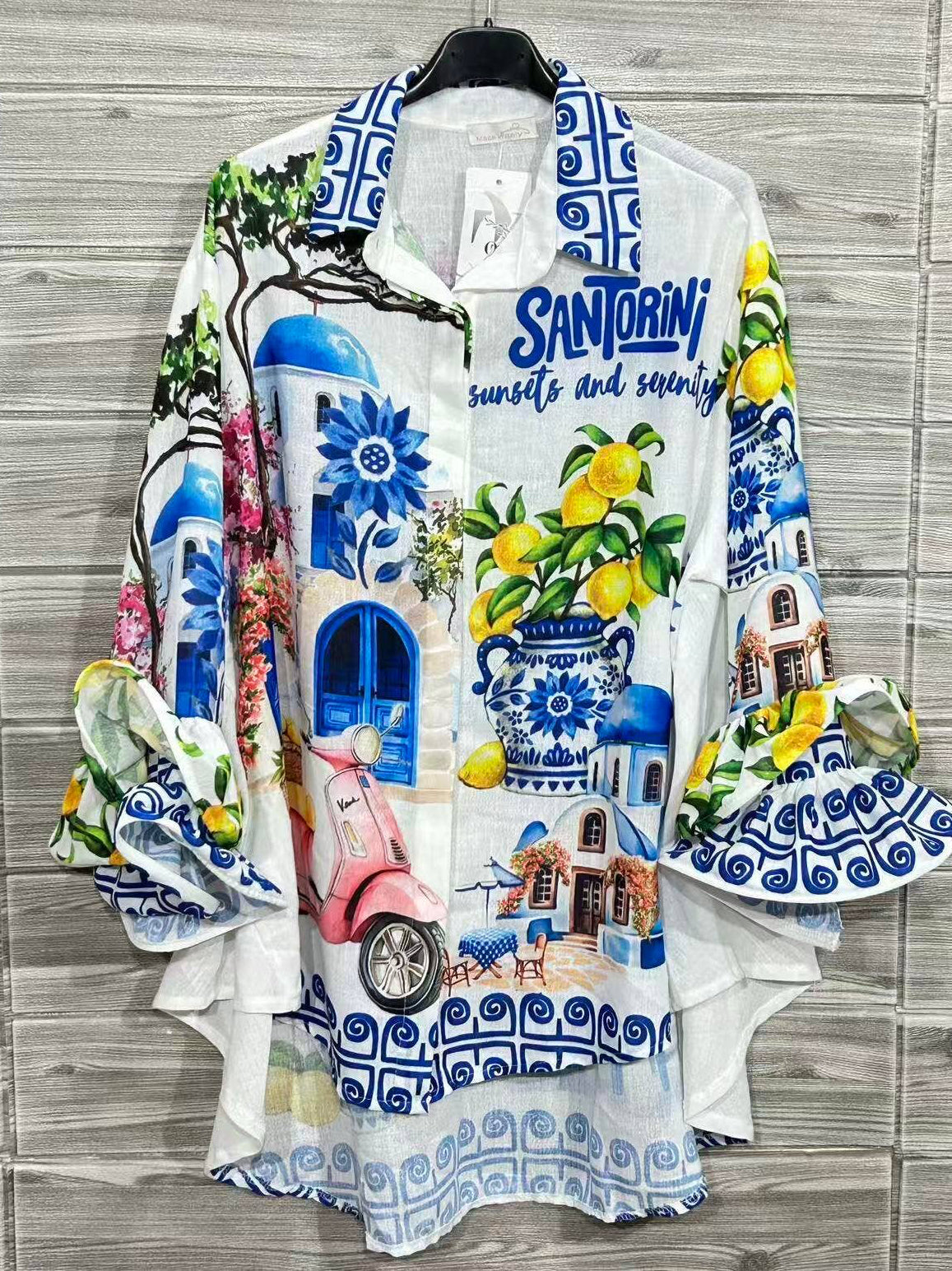“SANTORINI SERENITY” Italian Printed Blouse (White)