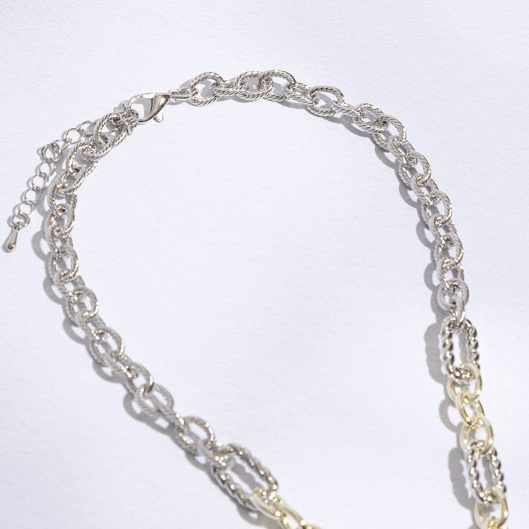 Linked Solid and Twisted Chain Necklace with Lock pendant