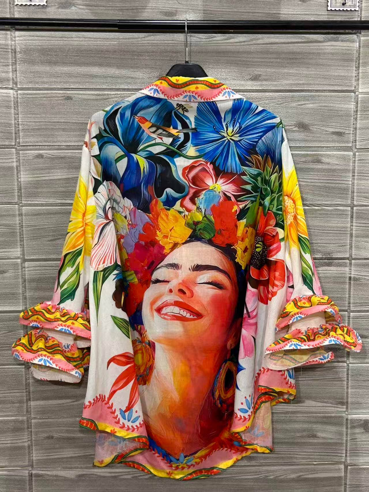 “Tulips and Charm” with Ruffle Sleeves Italian Blouse