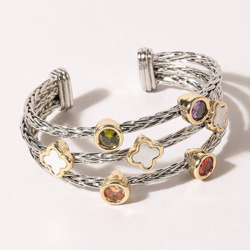 Triple Braided Inspired Bracelet/Cuff with Multicolored Gemstones
