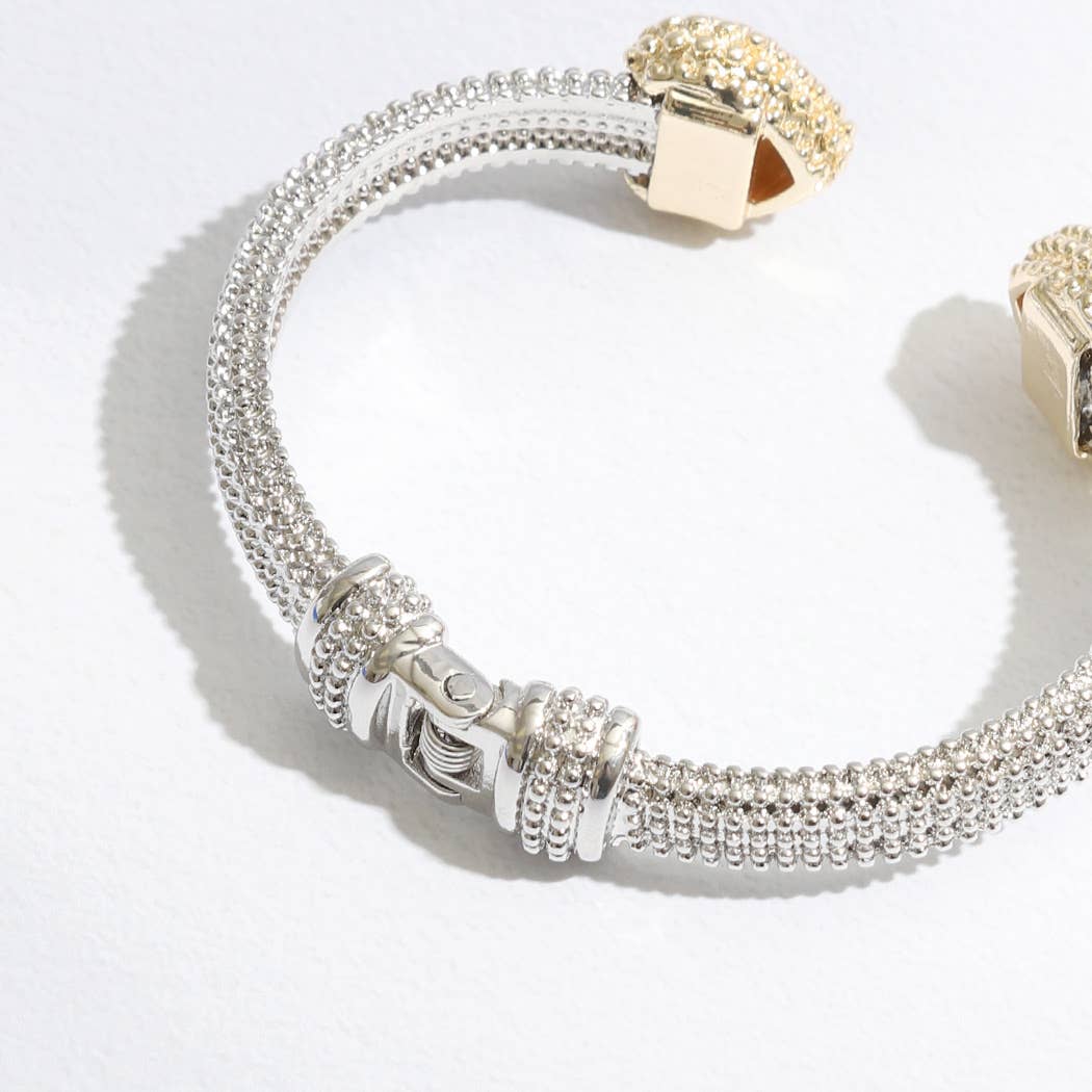 Stylish Textured Cuff/Bangle Two Tone Pave Heart Edge Bracelet