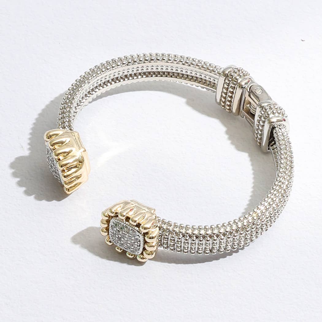 Two-Tone Square Pave Edge Cuff Bangle Bracelet