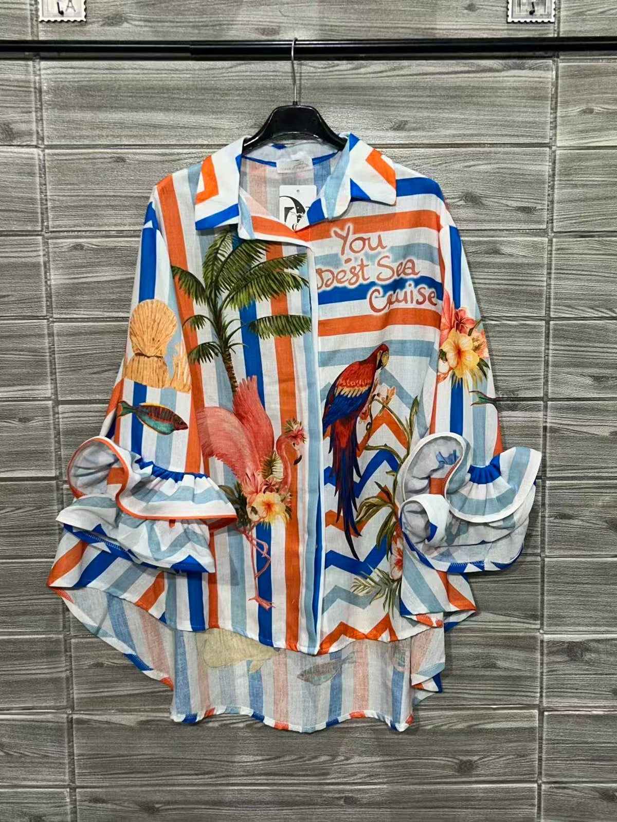Parrot Stripe - Print Ruffle Sleeve, Italian Blouse