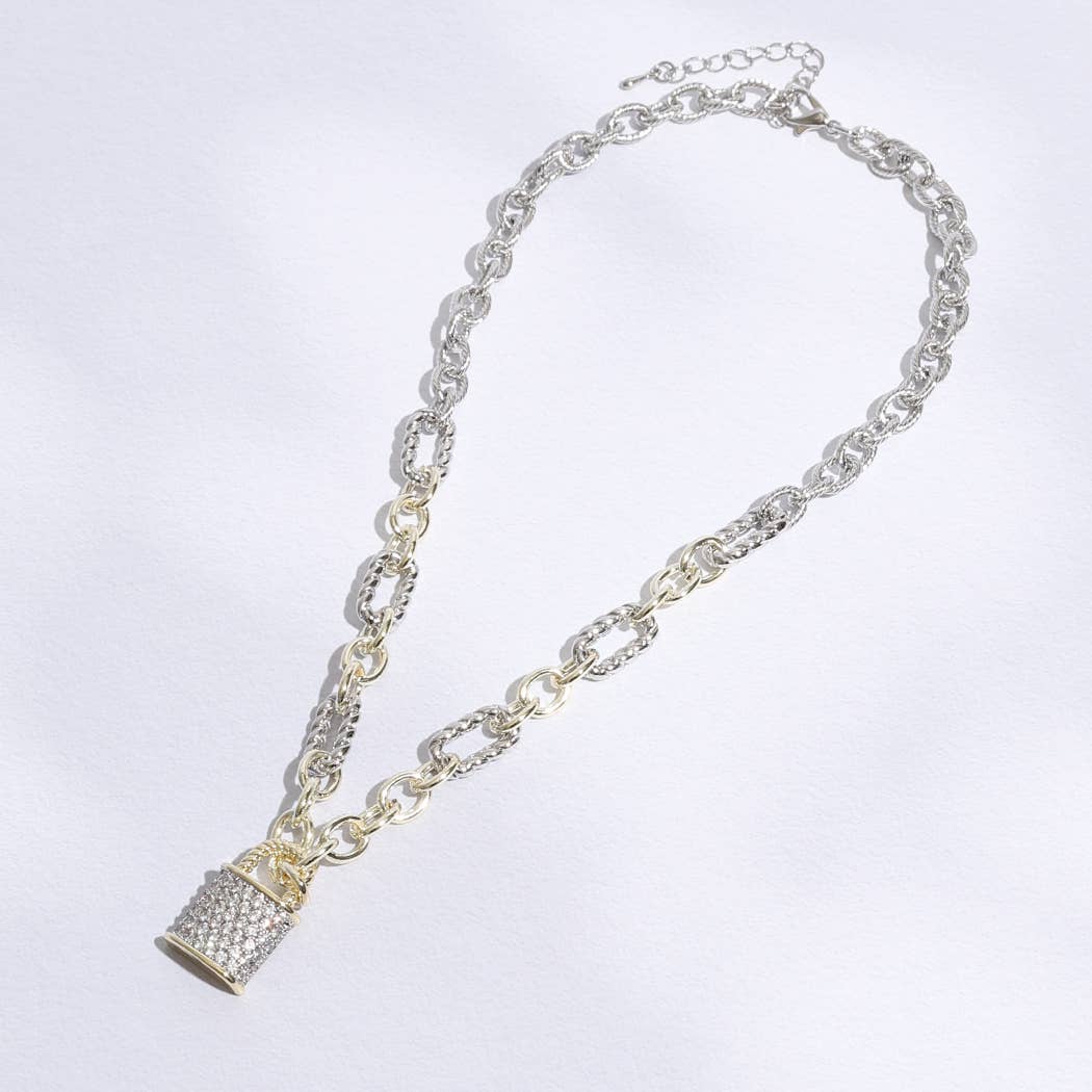 Linked Solid and Twisted Chain Necklace with Lock pendant