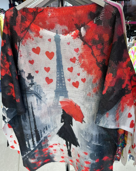 Red Hearts Eiffel Tower, Round neck, Knit Printed Italian Sweater