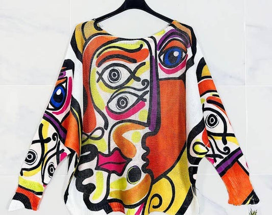 “Picasso Style", Round Neck, Knit Printed, Italian Top