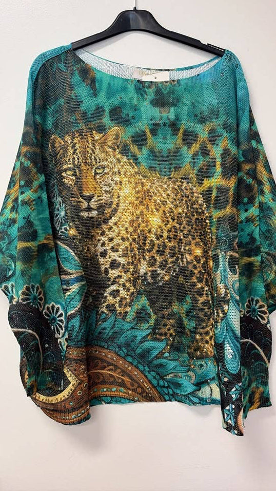 Leopard Portrait in rich Turquoise, Round neck, Knit Printed , Italian Top