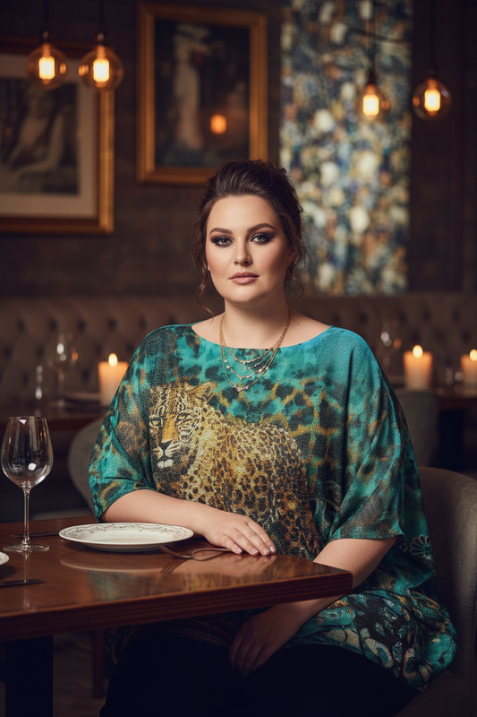 Leopard Portrait in rich Turquoise, Round neck, Knit Printed , Italian Top