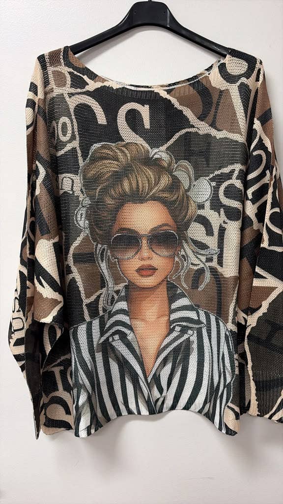 Fashion Icon Girl, Round Neck, Knit Printed, Italian Top