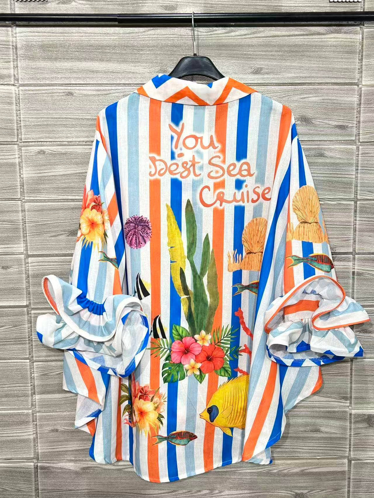 Parrot Stripe - Print Ruffle Sleeve, Italian Blouse