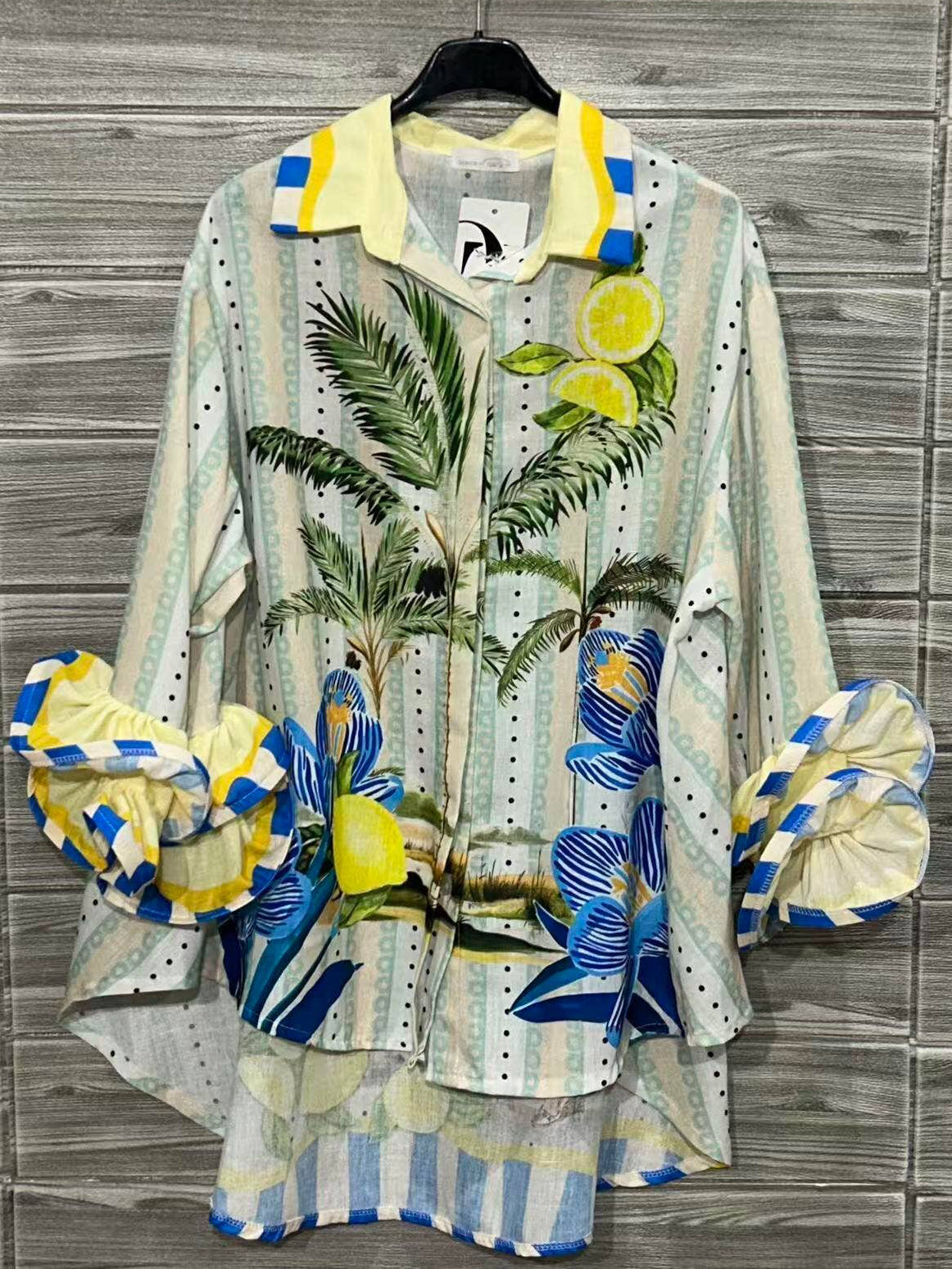 “Palms and Lemons” Ruffle Sleeves Italian Blouse