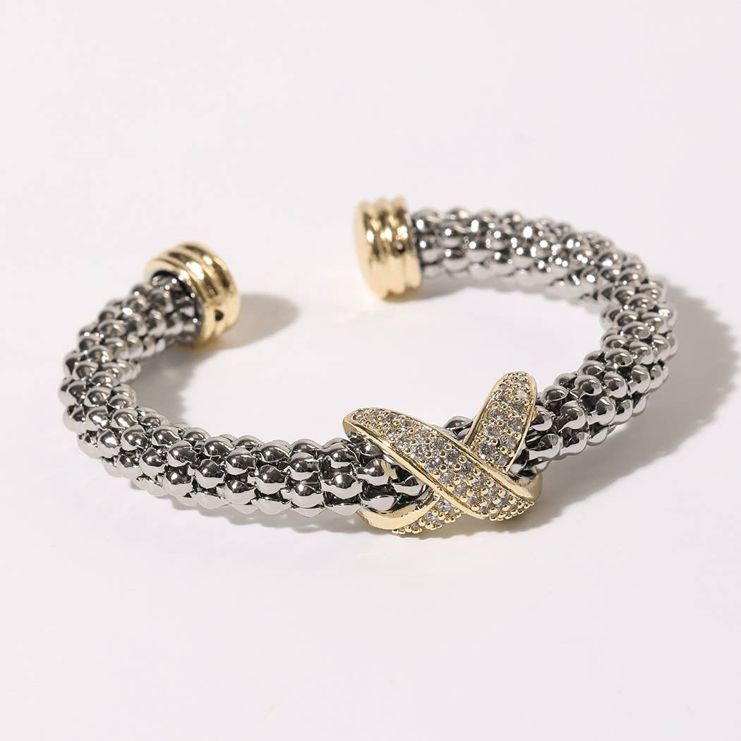 Two-tone Cross Bar Textured Cuff/Bangle Bracelet