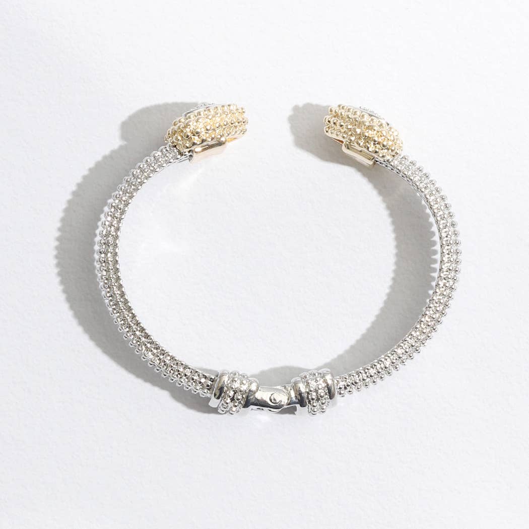 Stylish Textured Cuff/Bangle Two Tone Pave Heart Edge Bracelet