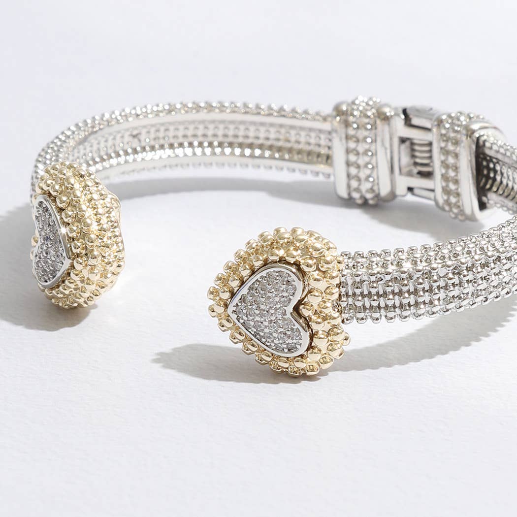 Stylish Textured Cuff/Bangle Two Tone Pave Heart Edge Bracelet