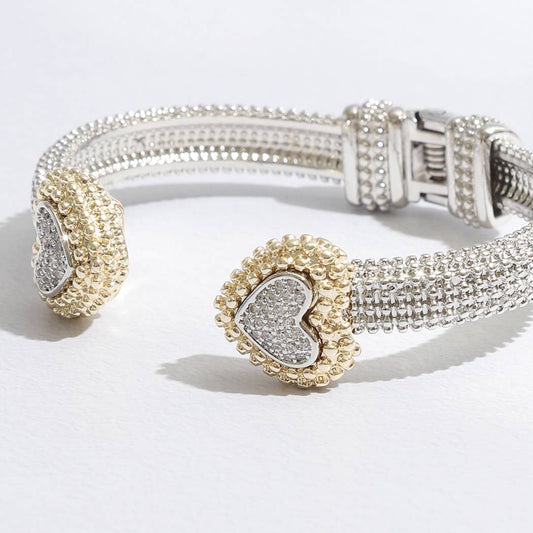 Stylish Textured Cuff/Bangle Two Tone Pave Heart Edge Bracelet