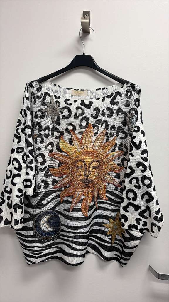 Gold Sun on Animal Print, Knit Printed, Italian Top