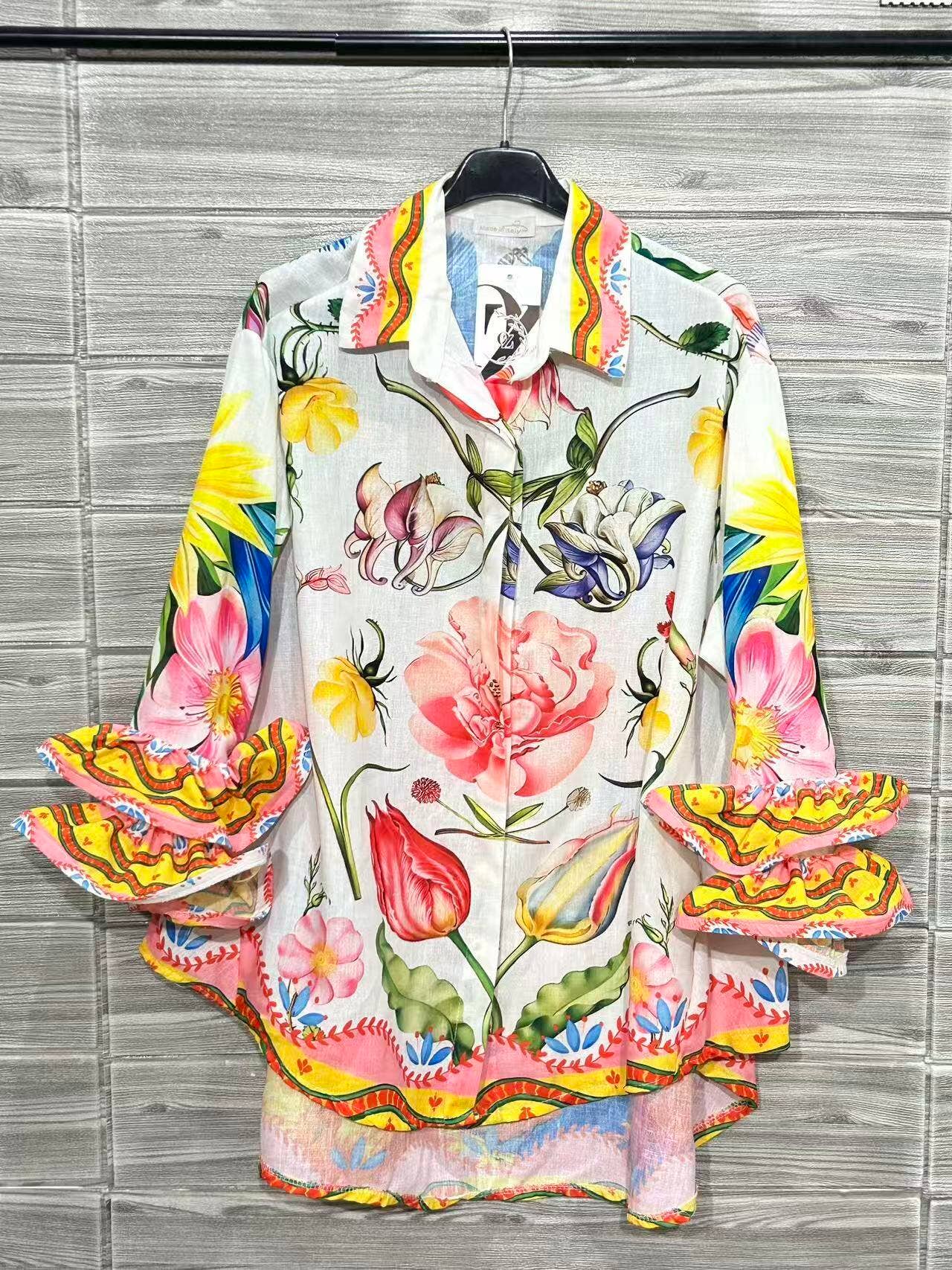 “Tulips and Charm” with Ruffle Sleeves Italian Blouse