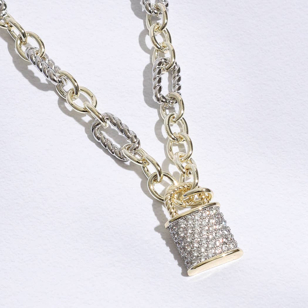 Linked Solid and Twisted Chain Necklace with Lock pendant