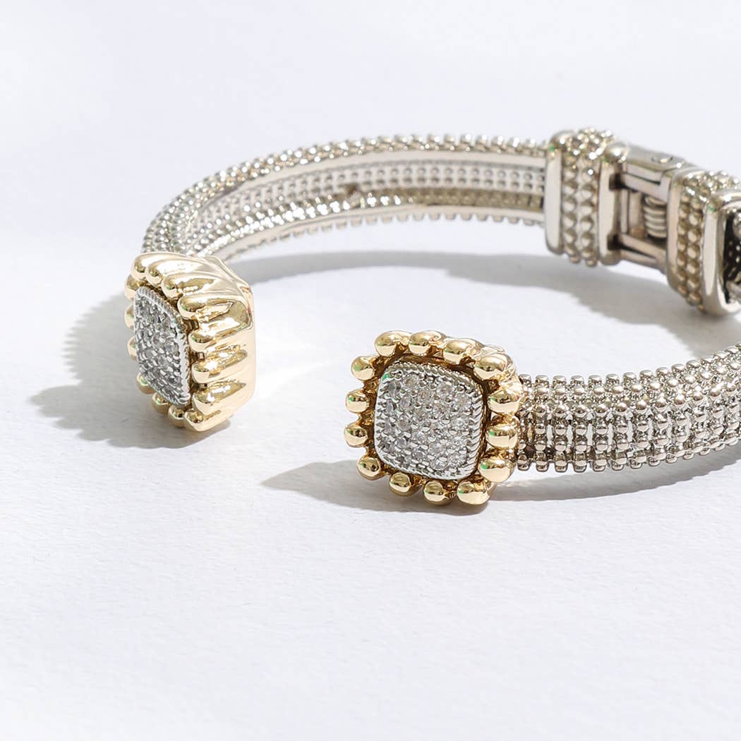 Two-Tone Square Pave Edge Cuff Bangle Bracelet