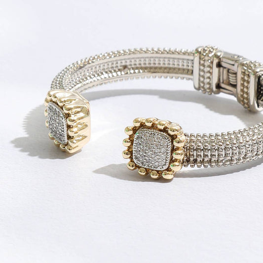 Two-Tone Square Pave Edge Cuff Bangle Bracelet